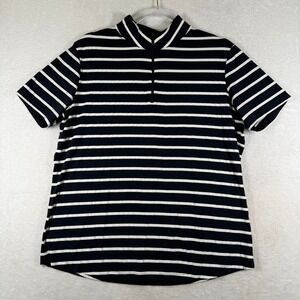 IBKUL Womens XL Black White Striped Quarter Zip Short Sleeve Golf Polo Shirt